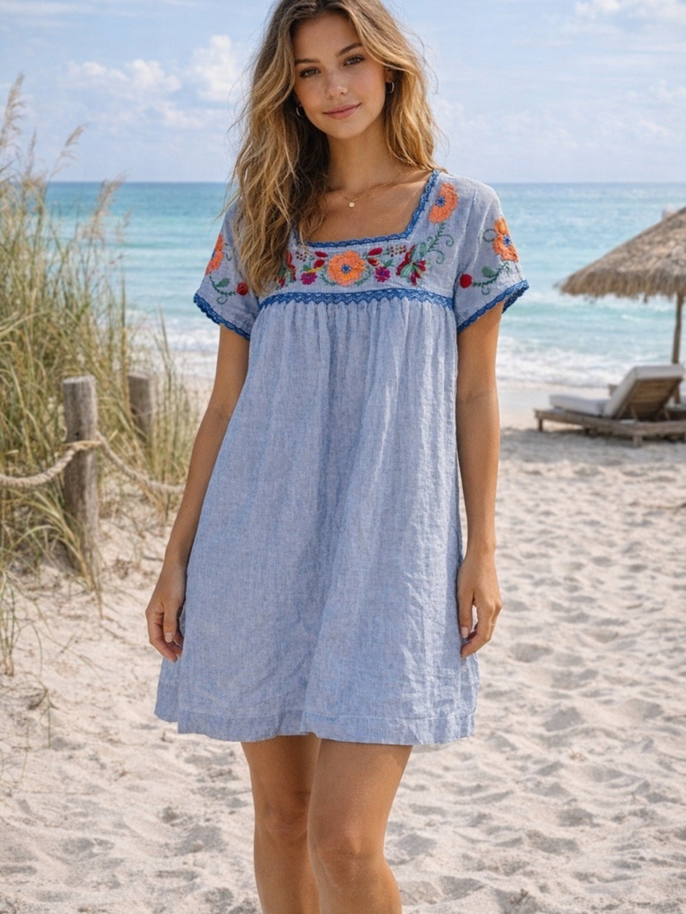 Roller Rabbit Embroidered Tunic Dress Blue Stripe Floral Boho Small 25272
